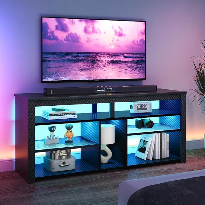 Bestier LED Tall TV Stand, Entertainment Center for 55/60/65 Inch TV, Gaming TV Console with Storage for PS4, Adjustable Shelf TV Cabinet for Living Room Bedroom, Carbon Fiber Black - Image 3