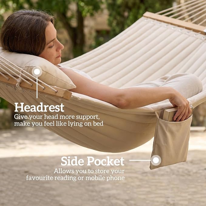 Outsunny Outdoor Hammock, 2-Person Hammock with Head Pillow and Pad, Wood Spreader Bars, 440 lbs Capacity, for Patio Yard Garden, 128" x 55", Cream White - Image 6