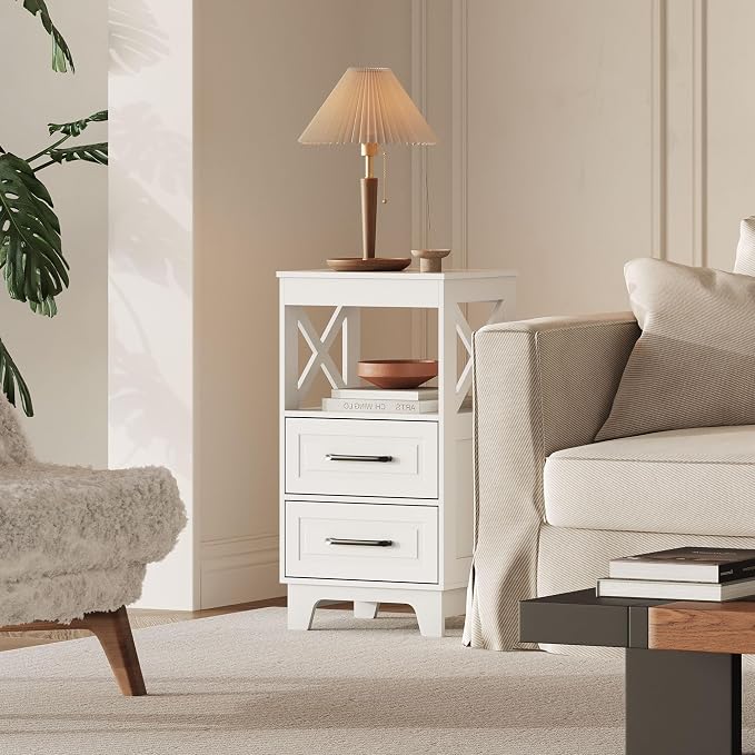 Tall Nightstand Set of 2 Side Table with 2 Drawers Modern Night Stand Wooden End Table Bedside Table with Upper Open Shelf Solid Feet for Bedroom, White - Image 9