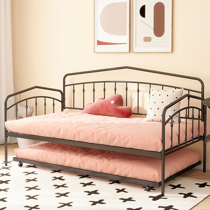 GDFStudio Twin Daybed with Trundle,Metal Sofa Bed Set,Rollaway Daybed Couch Bed Frame for Bedroom Living Room Guest Room Black
