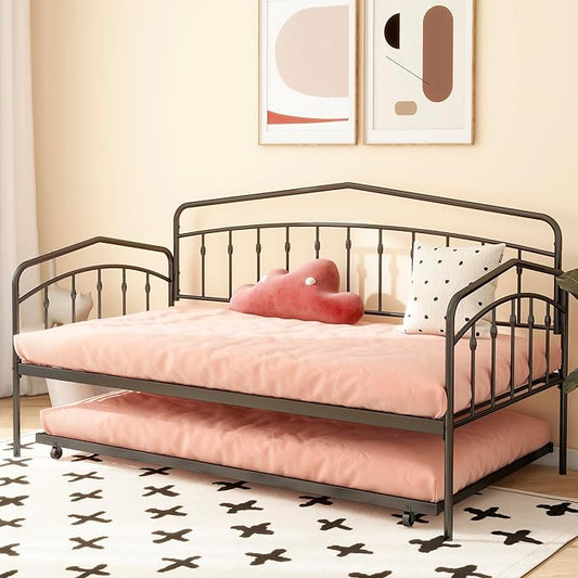 GDFStudio Twin Daybed with Trundle,Metal Sofa Bed Set,Rollaway Daybed Couch Bed Frame for Bedroom Living Room Guest Room Black
