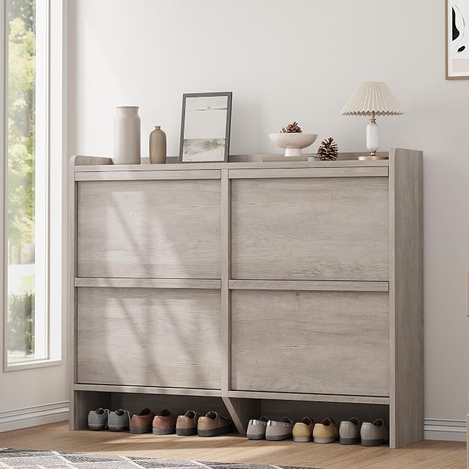GarveeHome Shoe Cabinet with 4 Flip Drawers, Wooden Shoe Organizer Cabinet with Adjustable Shelf, Shoe Storage for Entryway, Hidden Shoe Cabinet for Hallway, Living Room, Grey by GarveeHome