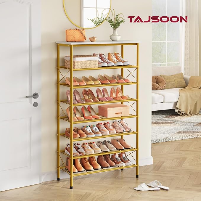 Tajsoon 8 Tier Shoe Rack Organizer for 28-32 Pairs of Shoes, Metal Mesh Shoe Shelf for Closet, Industrial Shoe Rack for Entryway Shoe Storage with X Shape Fixed Frame, White & Gold - Image 4
