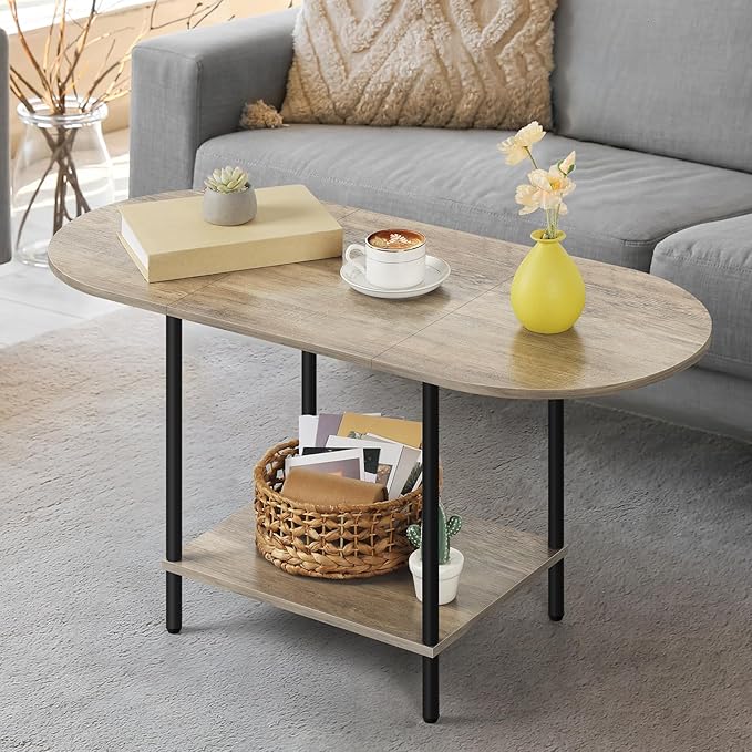 OYEAL Coffee Tables for Living Room 2-Tier Small Oval Table with Storage Shelf Mid Century Round Center Table for Display, Small Space,Home Office, Rustic Grey