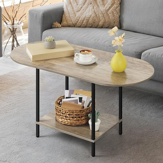 OYEAL Coffee Tables for Living Room 2-Tier Small Oval Table with Storage Shelf Mid Century Round Center Table for Display, Small Space,Home Office, Rustic Grey