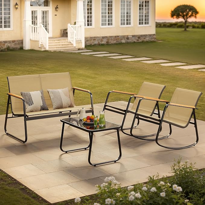 Ahomly Outdoor Patio Furniture Set 4 Pieces, Conversation Textilene Fabric Chairs with Coffee Table Rocking Chairs Bistro Set for Backyard, Poolside, Porch (Brown)