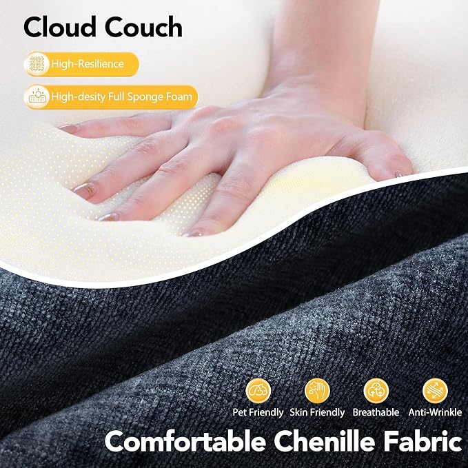 Cloud Modular Sectional Sofa, No Assembly Deep Seat Chenille Couch with 2 Ottomans, 3-Seater Modular Sofa for Living Room, Blue