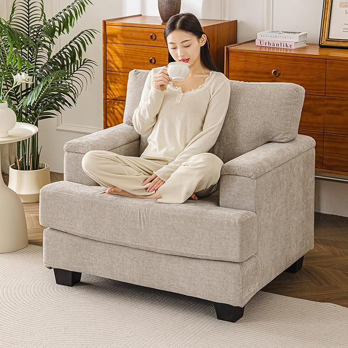 Oversized Living Room Chairs Set of 2,Comfy Accent Chair with Armrest Organizer,Upholstered Linen Fabric Armchair Thick Cushion,Big Reading Chair,Sofa Chair for Bedroom,Khaki