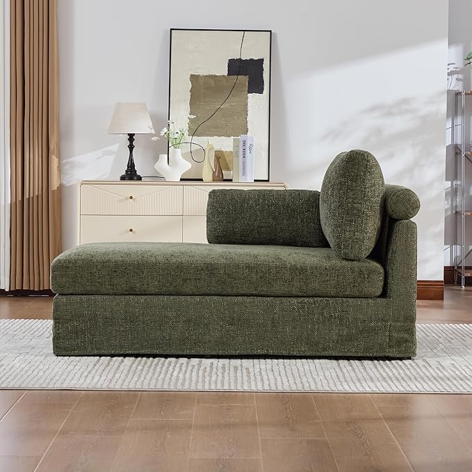 KEIKI 60" Chaise Lounge Chair Indoor, Modern Deep Seat Sofa Bed, Corduroy Couch with Cushions, Single Sleeper Chair for Living Room, Bedroom, Apartments, Green (Left Side)