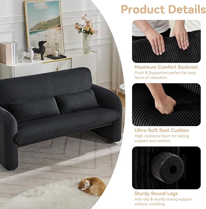 WUTUTUEE 56'' Corduroy Loveseat Sofa, 2 Seater Love Seat Couch for Small Space, Comfy Upholstered Modern Leisure Loveseat Couches with Lumbar Pillows for Bedroom, Office, Living Room, Black