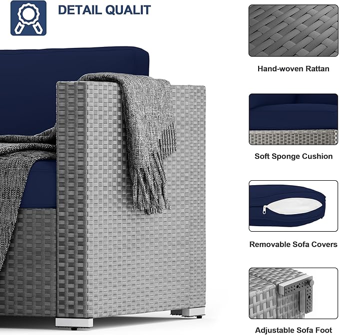 SUNCROWN Outdoor Patio Furniture Set 7 Piece Outdoor Sectional Sofa Grey Wicker Conversation Sofa Set with Coffee Table, Cushions and A Waterproof Cover -Dark Blue