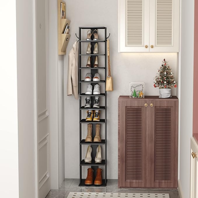 HOMEFORT 10-Tier Vertical Shoe Rack, Corner Shoe Tower, Slim Shoe Organizer with Two Hanging Hooks, Wooden Shoe Storage Stand for Entryway, Hallway, Closet (Black) - Image 4