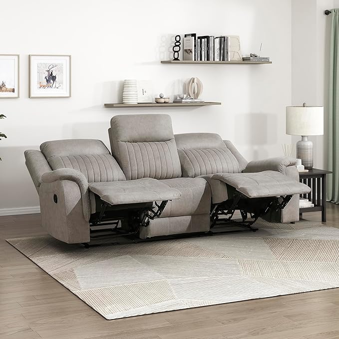 Lexicon Manual Double Reclining Sofa, Polished Microfiber Upholstered 3 Seater Manual Sofa Recliner for Living Room, Wall Hugger, Easy Assembly, Dove