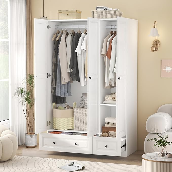 Armoire Wardrobe Closet with Drawers: 74" White Wardrobe Closet with 3 Doors, Bedroom Armoires with 2 Drawers, Wood Closets Cabinet for Hanging Clothes (White, 47")