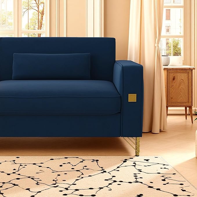 KEIKI 86" Oversized Luxury Velvet Sofa with Armrest and Removable Plush Cushions, Gold Accents 3-Seater Couch with Solid Legs, Easy Assembly, for Living Room, Bedroom, Apartment, Blue