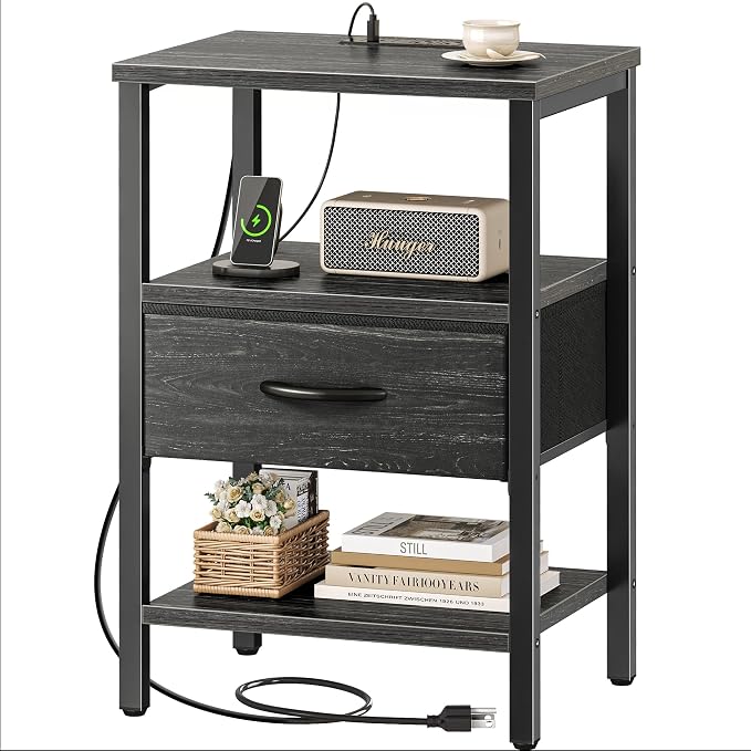 SUPERJARE Nightstand with Charging Station, Bed Side Table with Adjustable Fabric Drawer, Night Stand for Bedroom, 3-Tier Storage End Table, for Living Room, Charcoal Black Wood Grain Print by SUPERJARE