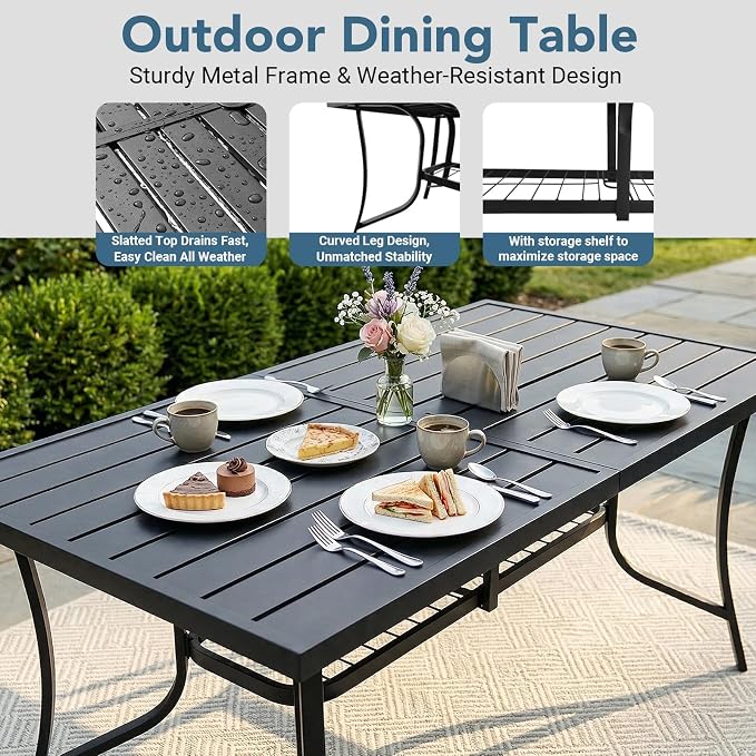 7 Piece Outdoor Patio Dining Sets, 60" Rectangular Metal Dining Table with Umbrella Hole & 6 Stackable Metal Chairs, Weather Resistant Garden Furniture Set for Backyard, Deck, Porch - Image 3