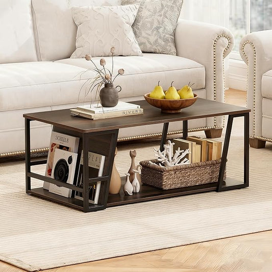 Giantex Modern Coffee Table with Storage, 2-Tier Rustic Wood Center Table with Shelf, Compartment, Metal Frame, Rectangular Geometric Living Room Table for Apartment (Espresso)