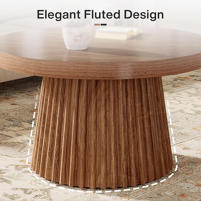 Tribesigns Coffee Table, 31.5" Small Farmhouse Round Coffee Tables with Fluted Drum Base, Mid Century Modern Farmhouse Accent Center Table for Living Room, Apartment, Small Space, Walnut