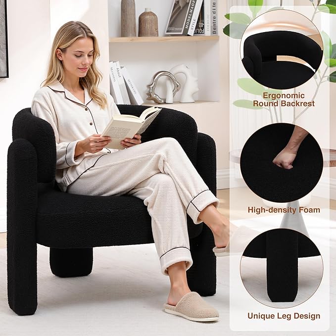 Accent Chair for Living Room, Modern Sherpa Barrel Chair, Upholstered Living Room Chairs with 3 Legs, Comfy Armchair Reading Side Chair for Bedroom, Office, Apartment, Black