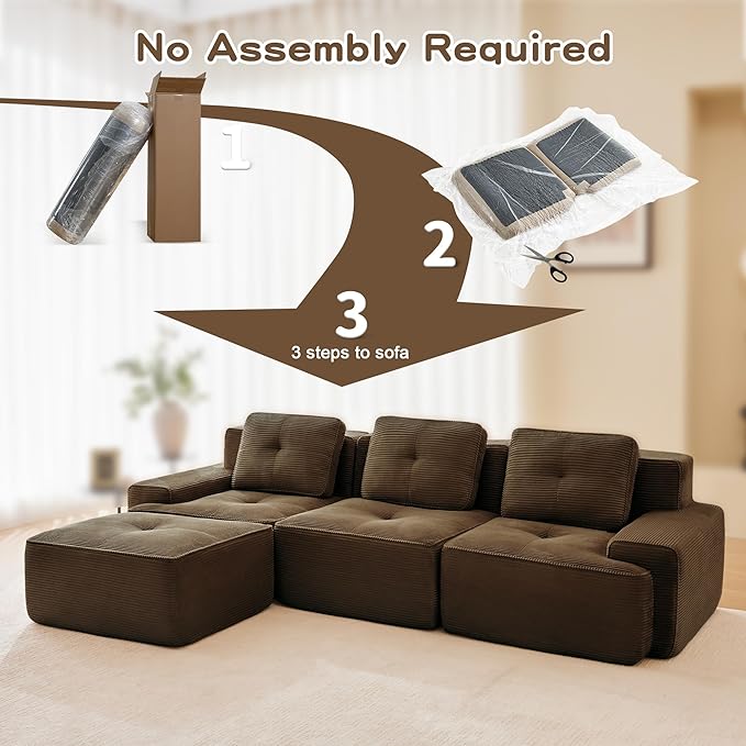 Casaphoria 115'' Boneless Sofa with Ottoman, 3-Seater Modular Couch with 3 Pillows for Living Room, L Shape Cloud Sectional Sofa, No Assembly, Brown