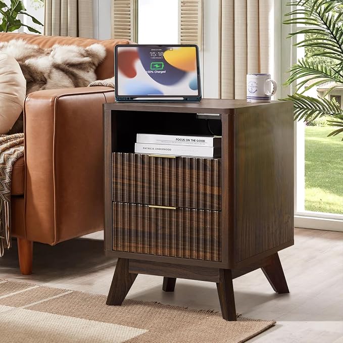 Fluted Nightstand - 24" Modern Bedside Table w/ 2 Drawers, Wood Bed Side End Table with Open Shelf, Night Stand with Storage Drawer, Curved Design Night Stands for Bedroom Living Room (Walnut) by Expandyourspacewithendlesspossibilities