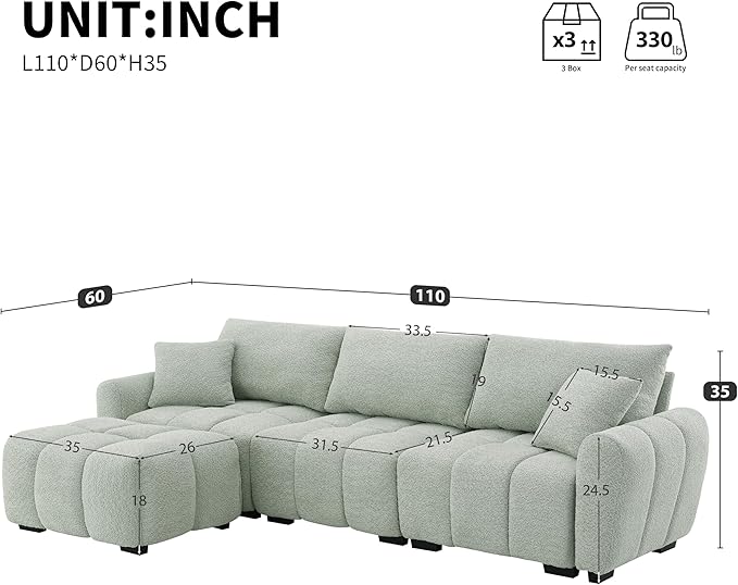 ERYE 110" L-Shaped Sectional Sofa 4 Seat Tufted Sofa Couches with Ottoman, Oversized Tufted Boucle Upholstered Corner Sectional Couch for Living Room Home Apartment