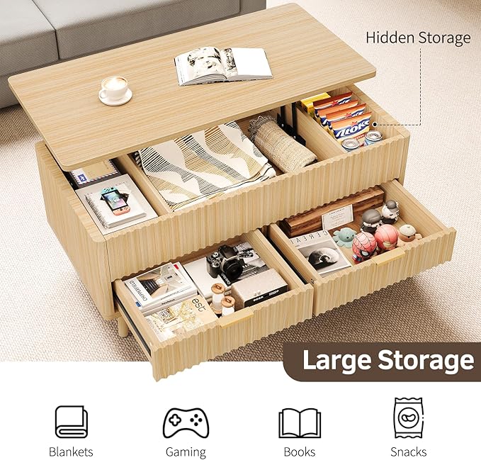 Lift Top Coffee Table with Storage - Fluted Wood Coffee Tables for Living Room with Drawers & Hidden Compartment, Mid Century Modern Square Large Center Table for Home Office, Reception