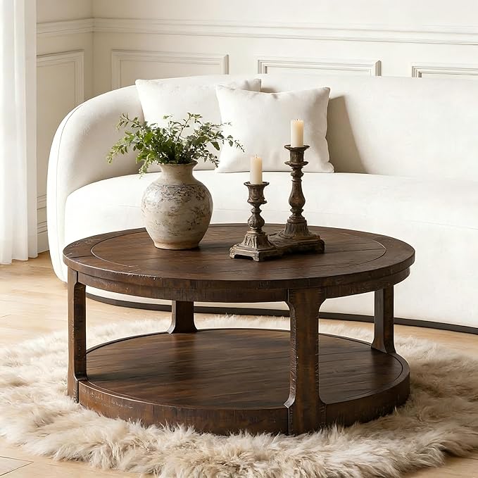 Coffee Table Round Wood 40" Modern Coffee Tables for Living Room Brown Circle Center 2-Tier Solid Desktop Accent with Shelf Storage Minimalistic Design Home Furniture Apartment Office Easy to Assemble