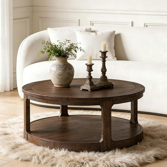 Coffee Table Round Wood 40" Modern Coffee Tables for Living Room Brown Circle Center 2-Tier Solid Desktop Accent with Shelf Storage Minimalistic Design Home Furniture Apartment Office Easy to Assemble