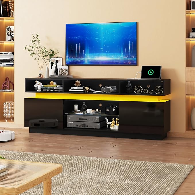 chartustriable LED TV Stand for 75 Inch TV, Modern Tall Entertainment Center with Power Outlets, High Gloss TV Stand, Gaming TV Media Console with Glass Shelf for Living Room, 63 Inch, Black by chartustriable