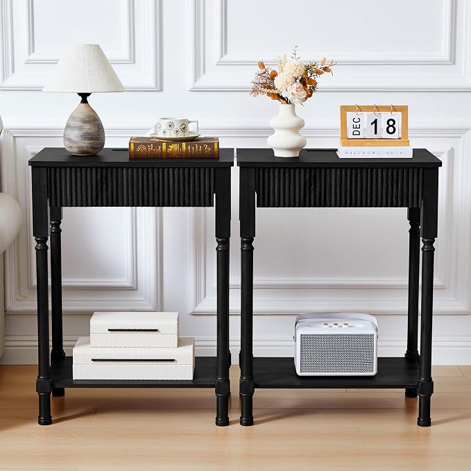 Night Stand Set of 2,Fluted Nightstand with Charging Station, 23.6” Large Bed Side Table End Table with Drawer, Modern Mid Century Wooden Night Stands Bedside for Bedroom Living Room Sofa Office,Black by XUZENEST
