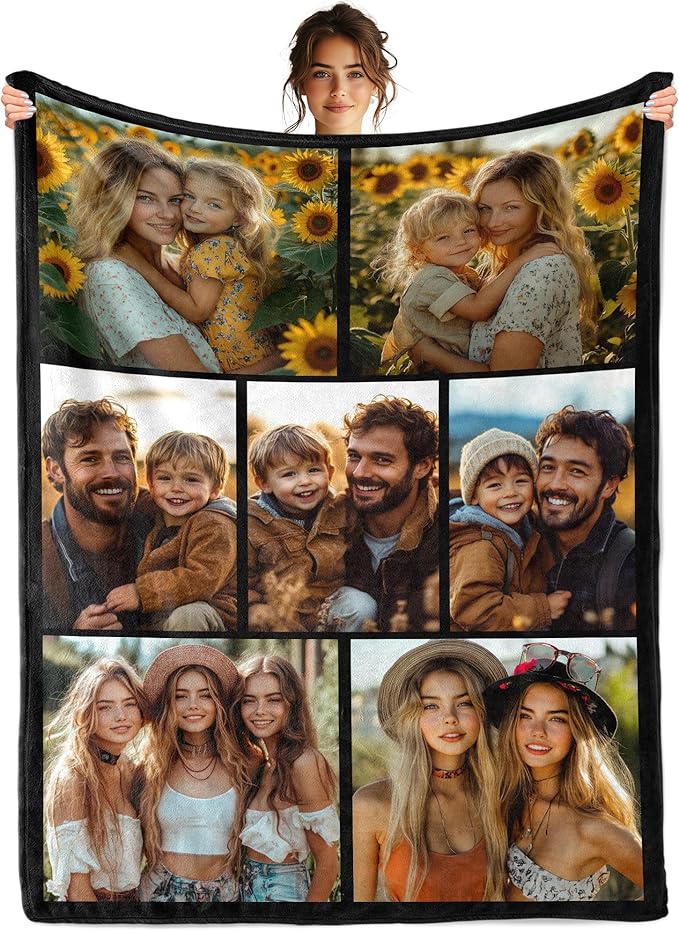 Custom Blanket with Picture, Customized Throw Photo Blanket, Personalized Birthday Christmas Valentine's Day for Men Women Dad Mom Boyfriends Girlfriends Adults Kids, 9 Photos