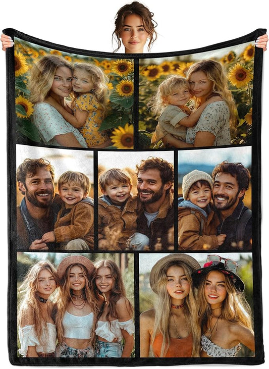 Custom Blanket with Picture, Customized Throw Photo Blanket, Personalized Birthday Christmas Valentine's Day for Men Women Dad Mom Boyfriends Girlfriends Adults Kids, 9 Photos