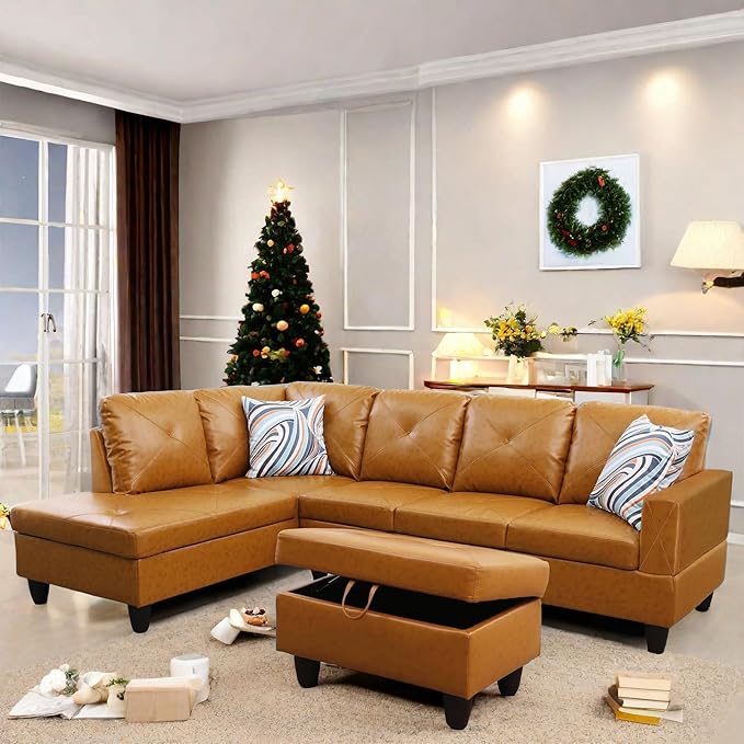 FONTOI L Shaped Sectional Couch with Otttoman, 97" Leather Sectional Sofa for Living Room Modular Couches with Cup Holders for Bedroom, Apartments, Ginger