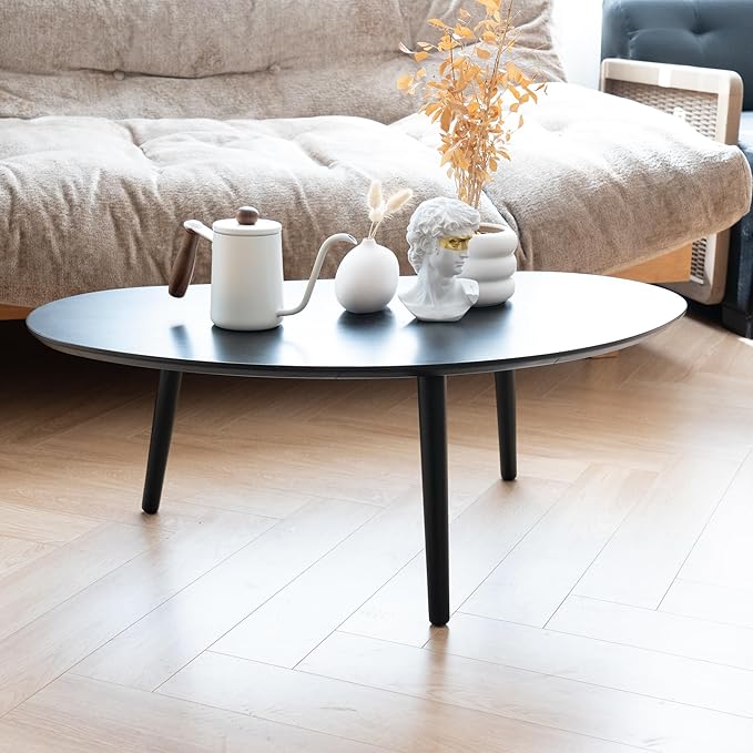 Small Oval Coffee Table Mid Century Modern for Living Room, Center Table,Solid Wood Coffee Table,Nature Wood (Black, 18.9" D x 33.85" W 12.4" H)