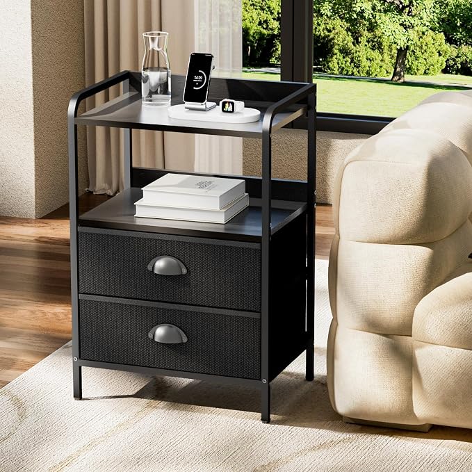 Night Stand, End Table with 2 Drawers Nightstand for Bedroom, Small Fabric Dresser Organizer, Bedisde Table Side Table with Open Storage Shelf, Black - Image 2