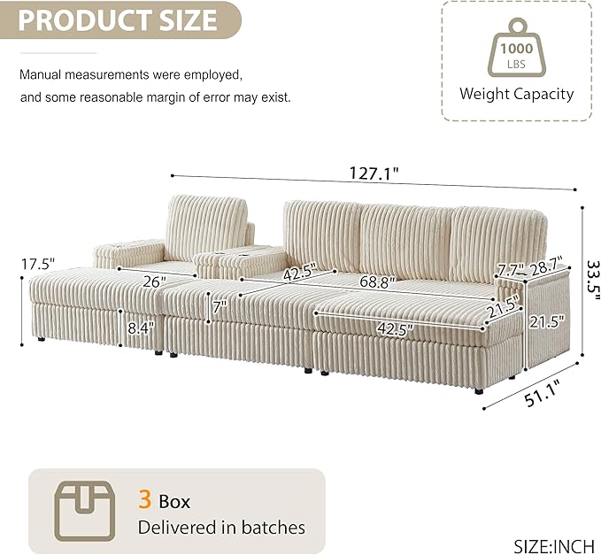 ERYE Oversized Loveseat Sectional Sofa and Chaise, 5 Pieces Living Room Sofa Set Include Love Seat,Chair & 3 Ottomans, Corduroy Upholstered Modular Couch with Cupholders