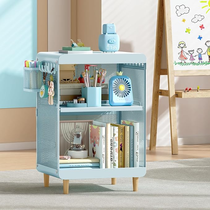 SYKIARIOL Kids Nightstand for Girls, Metal Bedside Table with 4 Hooks & Hanging Basket, 3-Tier Storage Shelf, Toddler Night Stand for Bedroom, Mint Green - Image 7
