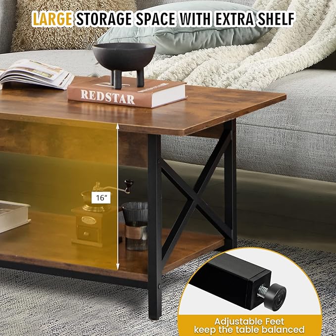 COSTWAY Industrial Coffee Table, 2-Tier Wood Cocktail Tea Table with Storage Shelf and X-Shape Steel Frame, Rectangle Sofa Side Accent Table for Living Room Home Office, Rustic Brown