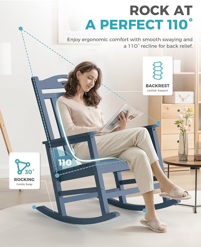 Ciokea Oversized Outdoor Rocking Chairs Set of 4, 380lbs Heavy-Duty Large Patio Rocker, High Back Cozy Porch Chairs, Weather Resistant Patio Rocking Chairs for Outside, Fire Pit, Deck, Slate Blue - Image 5