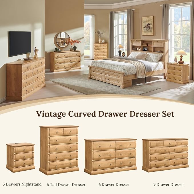 ACCOHOHO 22" Vintage Nightstand with 3 Curved Front Drawers & Retro Ring Pulls & Charging Station, Wood Bedside Table, End Table with Stable Base for Bedroom, Light Walnut Side Table - Image 3