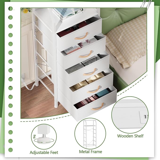 Furnulem 5 Drawers Dresser with Charging Station, Tall Night Stand with Open Shelf, Storage Tower with PVC & Fabric Drawer, Bedside Table for Bedroom, Closet, Entryway, 3 Ways to Use, White - Image 7