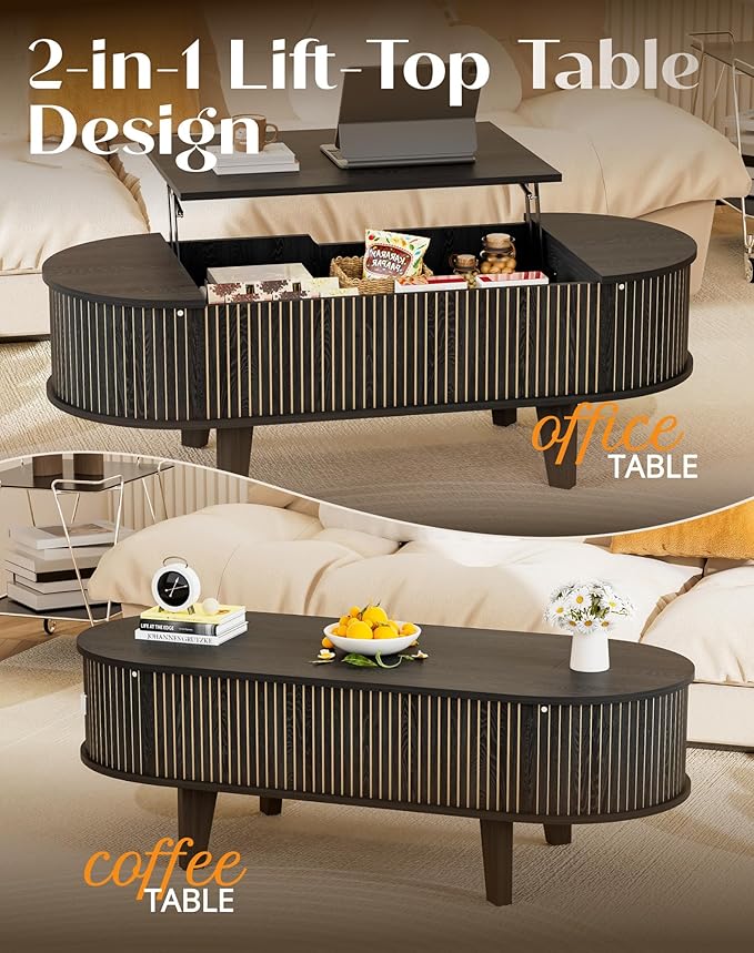 Oval Lift Top Coffee Table with Storage, Fluted 47" Wood Mid Century Modern Coffee Table for Living Room, Black