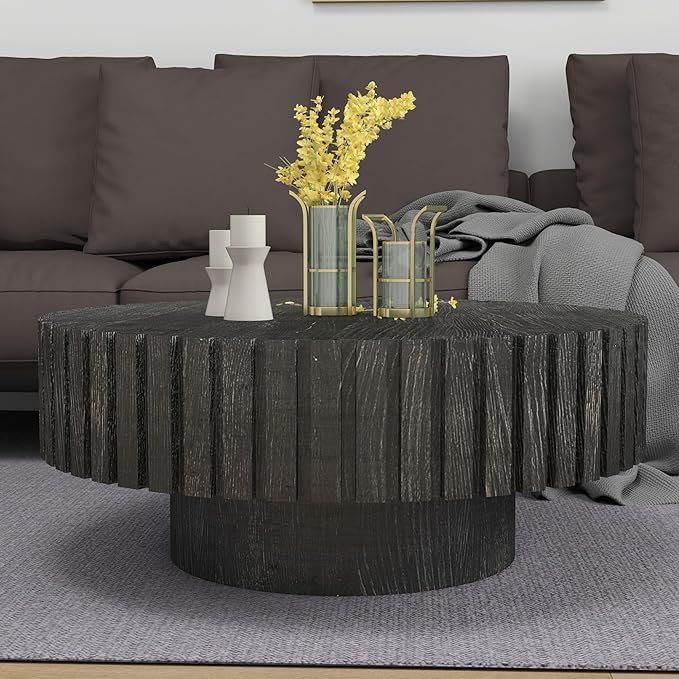 Round Coffee Table, 31.5" Circle Wood Center Table with Pedestal, Wood Coffee Tables for Living Room, Small Space, Office, Apartment, Easy Assembly, Black