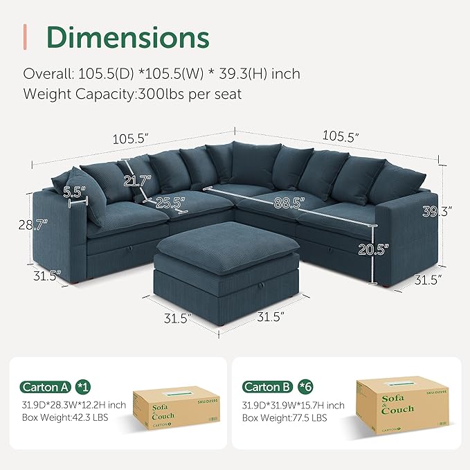 HONBAY Modular Sectional Sofa, 6 Seaters Corduroy Sectional Couchwith Ottoman, L Shaped Sofa with Storage & Pillows, Blue