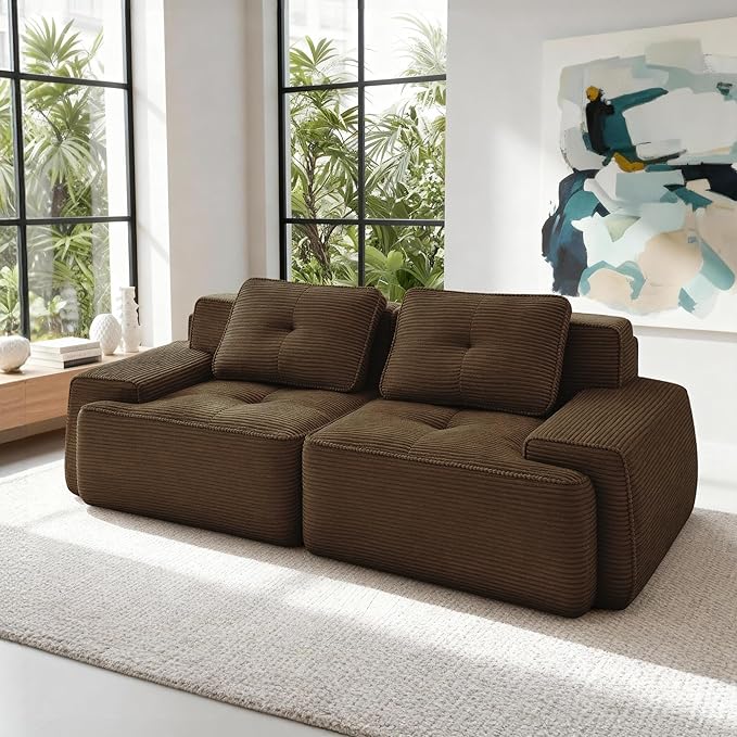 Casaphoria 80'' Corduroy Couch Sectional, 2 Seater Boneless Couches for Living Room, Brown Modular Cloud Sofa with 2-Pillow, Extra Deep Seat Sofa with No Assembly