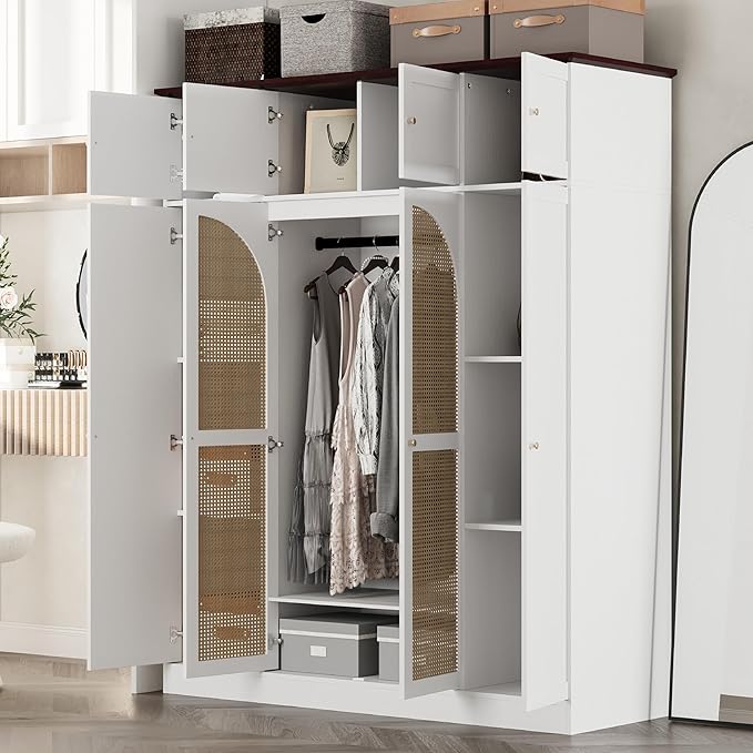 KEIKI Large 8 Doors Wood Wardrobe, Bedroom Tall Armoire Closet Organizer w/Rattan Decorative, Hanging Rails & Adjustable Shelves Clothes Storage Cabinet for Garage & Laundry Room, White