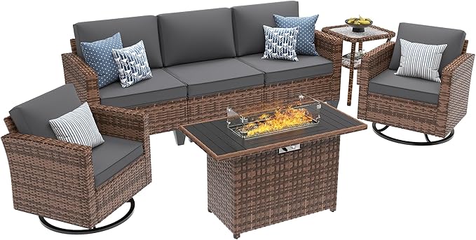 UDPATIO Patio Furniture Set with Fire Pit Table, Rocking Swivel Chairs, 5 Pieces Outdoor Furniture Sets, All-Weather Wicker Outdoor Sectional Sofa with Waterproof Cover, 4'' Thickened Cushion, Grey