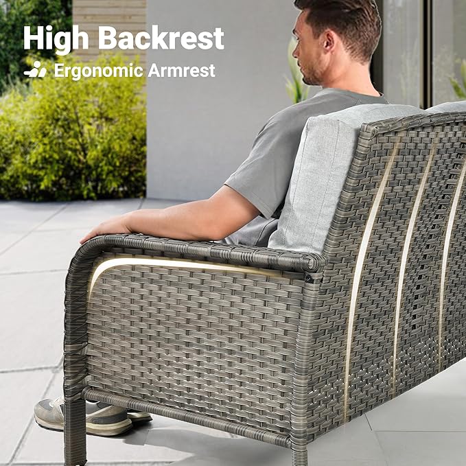 ovios 5-Piece Patio Furniture Set, Outdoor Wicker Sofa with Chairs Fire Pit Table, High Back Rattan Chair with Comfy Cushions for Porch Yard Deck, Grey